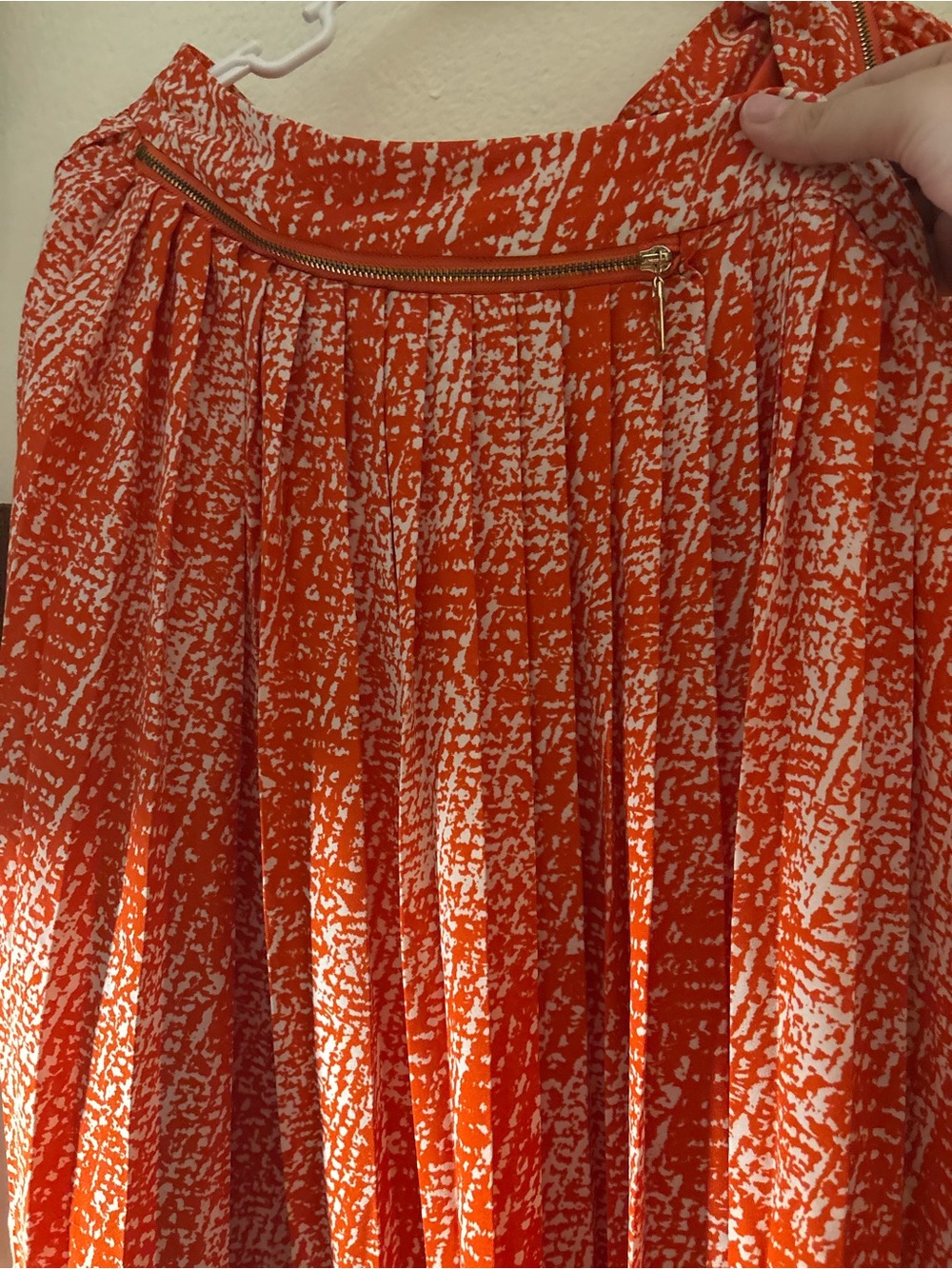 MYNT 1792 Orange and White Printed A-Line Pleated Skirt with Gold Zip